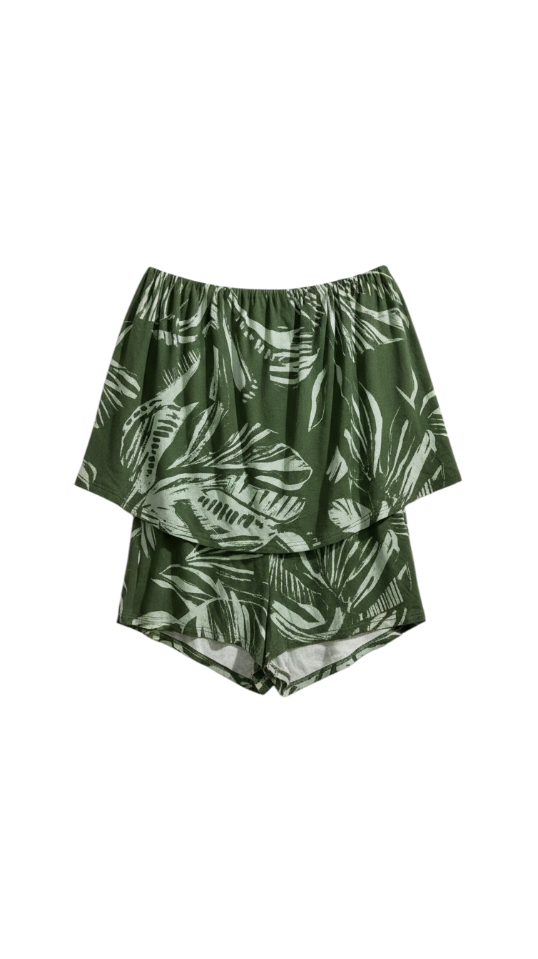 Green Sleeveless Flared Top with Leaf Print