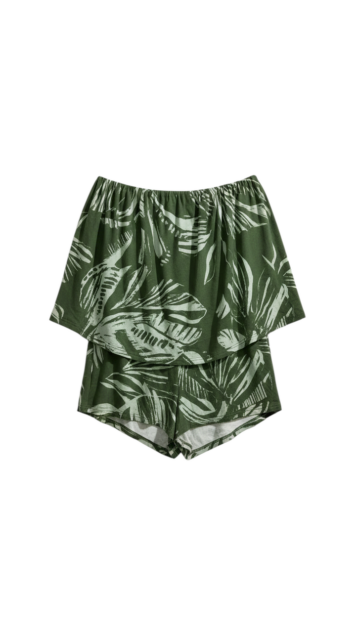 Green Sleeveless Flared Top with Leaf Print