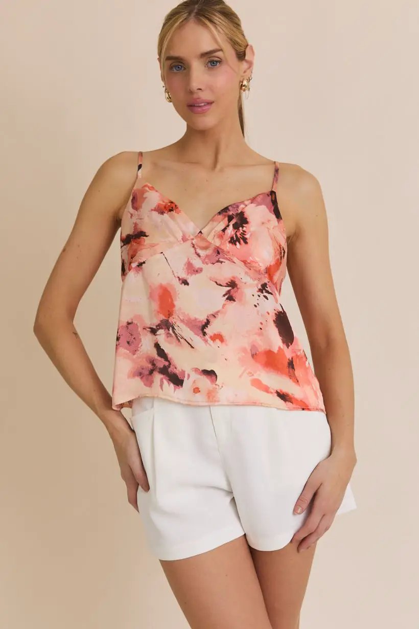 Gilli V-Neck Spaghetti Strap Floral Print Top – Woven Cami Blouse pink - Tops