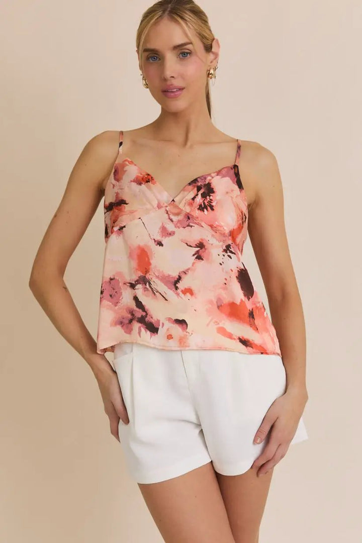 Gilli V-Neck Spaghetti Strap Floral Print Top – Woven Cami Blouse pink - Tops