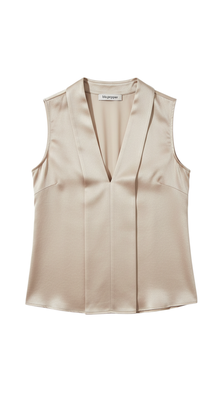 Blusa Beige Sin Mangas con Escote en V y Plisados - Estilo Boutique