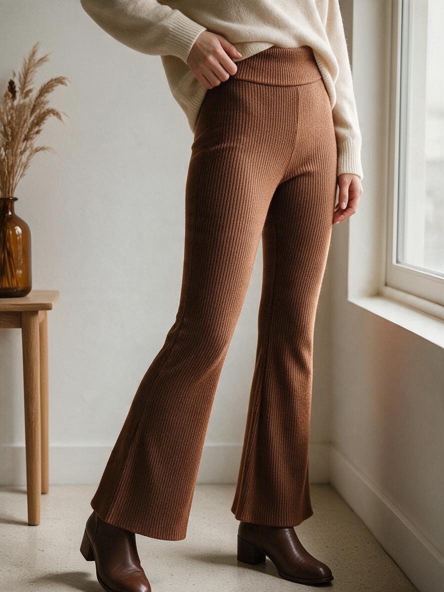 Rust Ribbed Flared Trousers with Split Hem