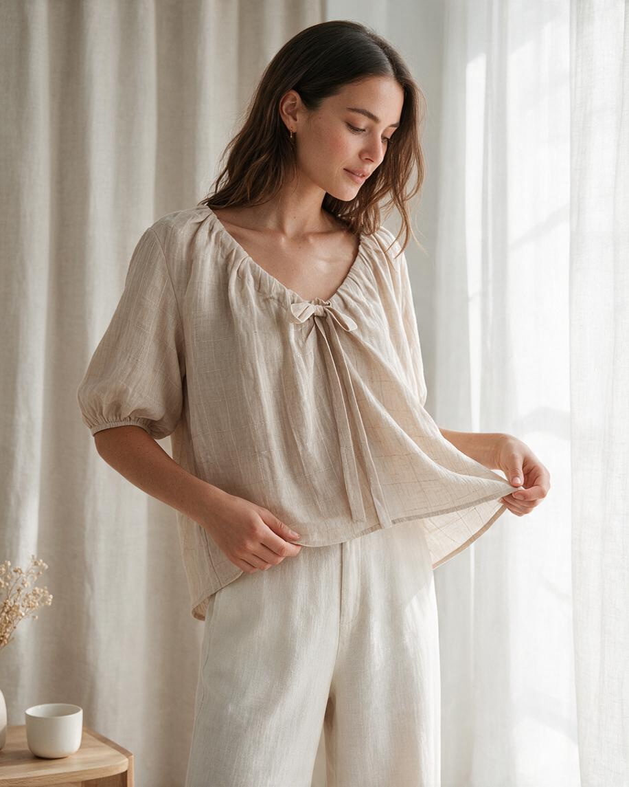 Blusa Beige de Manga Corta con Detalle de Lazo - Estilo Boutique