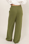 Pantalones de Lino Verde Mujer con Cintura Elástica y Cordón | Pantalón Ligero Casual Dz24c153