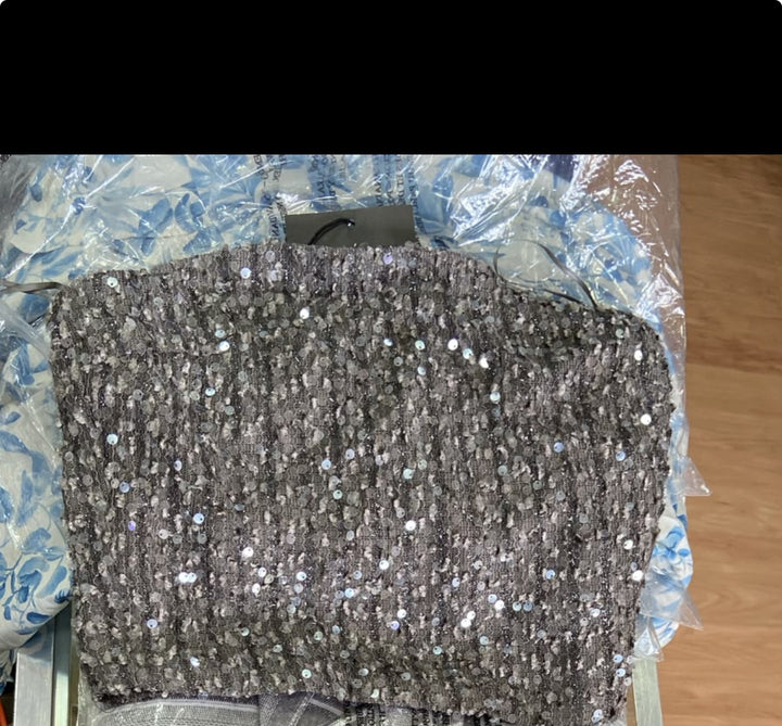 Silver Sequined Strapless Top with Textured Detail