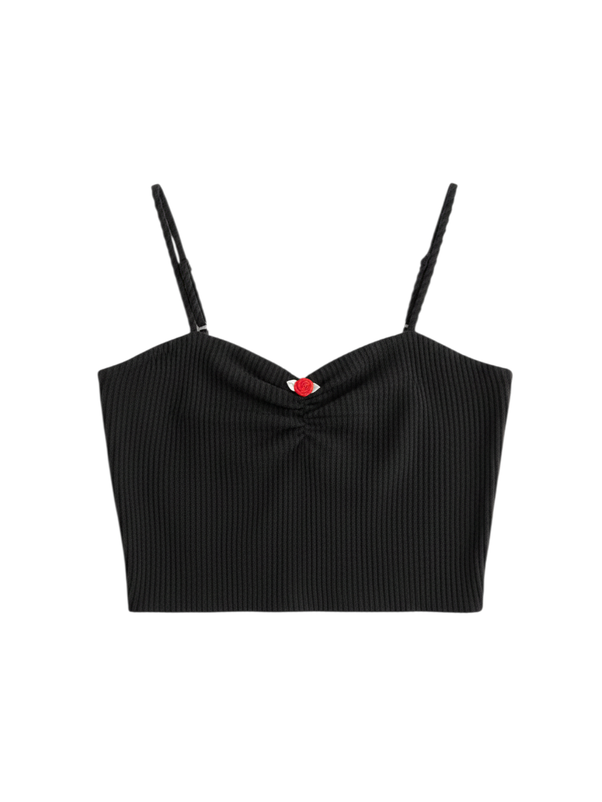 Top Corto Sin Mangas Color Negro con Detalle de Flor