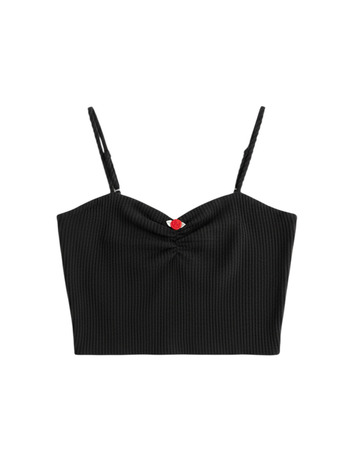 Top Corto Sin Mangas Color Negro con Detalle de Flor