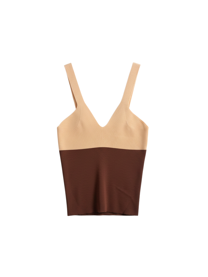Top Corto de Manga Spaghetti Color Beige y Café