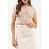 Suéter Top Cardigan Tejido de punto beige botones dorados
