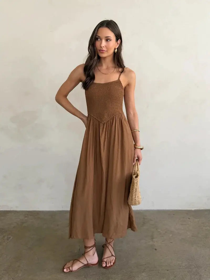 shopblupepper Brown Smocked Basque Waist Spaghetti Strap Midi Dress – A-Line Lined Summer Dress - Dress