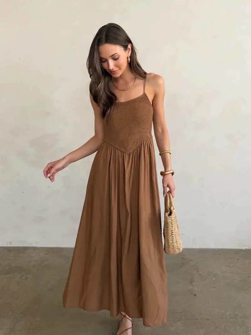 shopblupepper Brown Smocked Basque Waist Spaghetti Strap Midi Dress – A-Line Lined Summer Dress - Dress