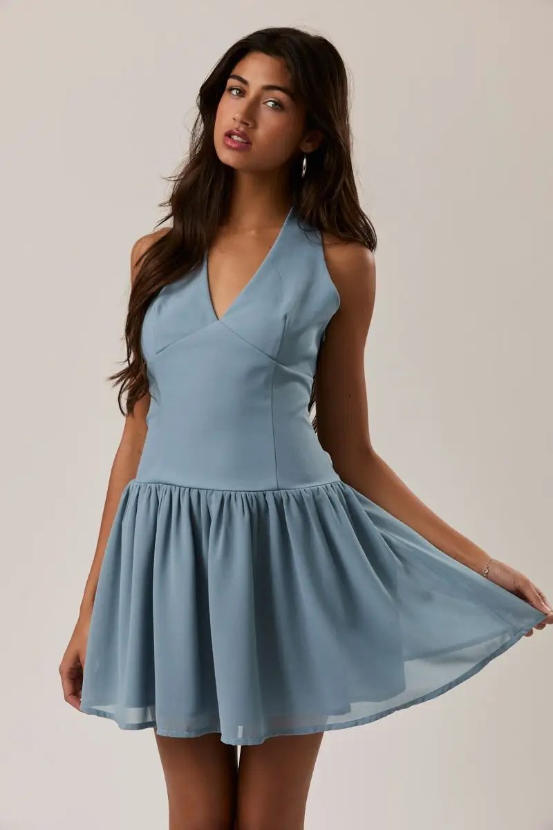 Lelis Blue Halter Neck Mini Dress – Contrast Skirt Detail Flowy Summer Dress - Dresses