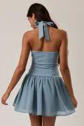 Lelis Blue Halter Neck Mini Dress – Contrast Skirt Detail Flowy Summer Dress - Dresses