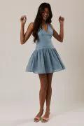 Lelis Blue Halter Neck Mini Dress – Contrast Skirt Detail Flowy Summer Dress - Dresses