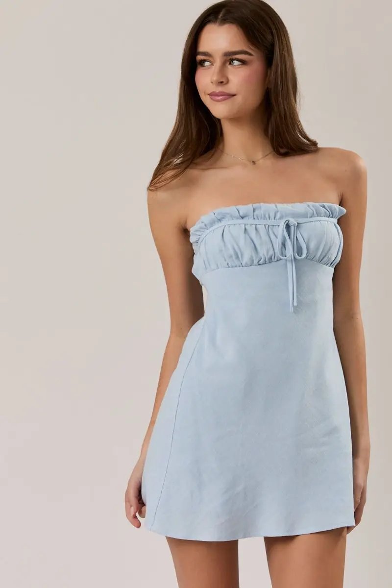 Lelis Light Blue Strapless Ruched Bust Mini Dress – Linen Blend Bias Cut Summer Dress - Dresses
