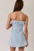 Lelis Light Blue Strapless Ruched Bust Mini Dress – Linen Blend Bias Cut Summer Dress - Dresses