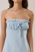 Lelis Light Blue Strapless Ruched Bust Mini Dress – Linen Blend Bias Cut Summer Dress - Dresses