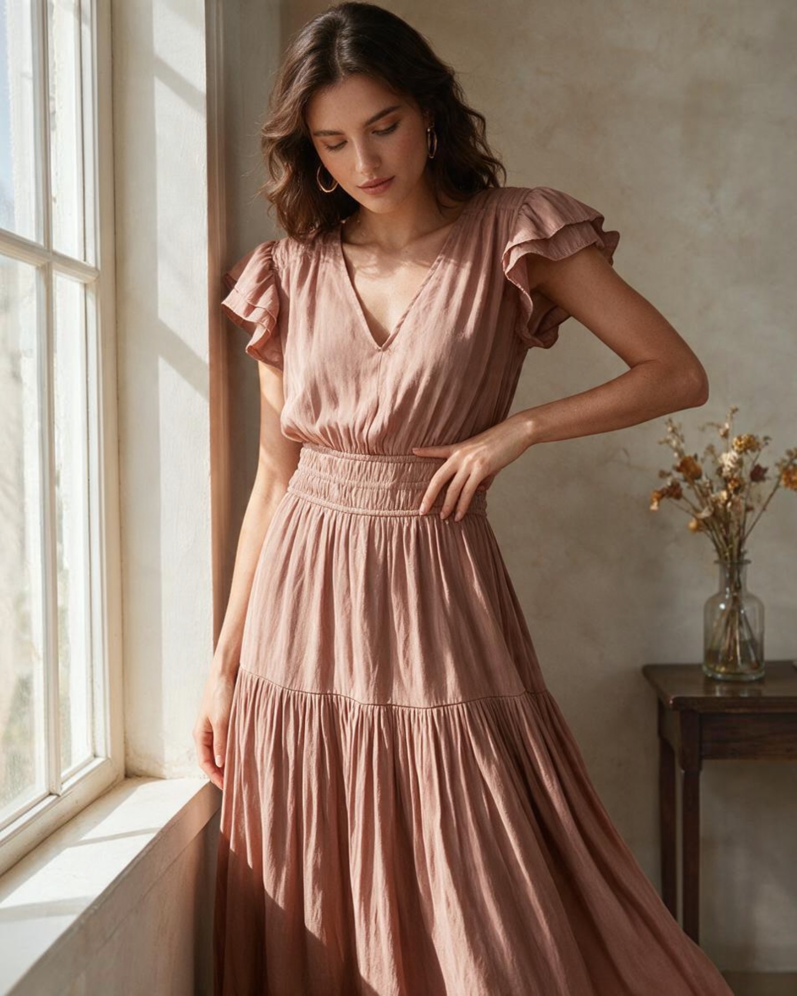 Vestido Midi con Manga Corta Color Beige