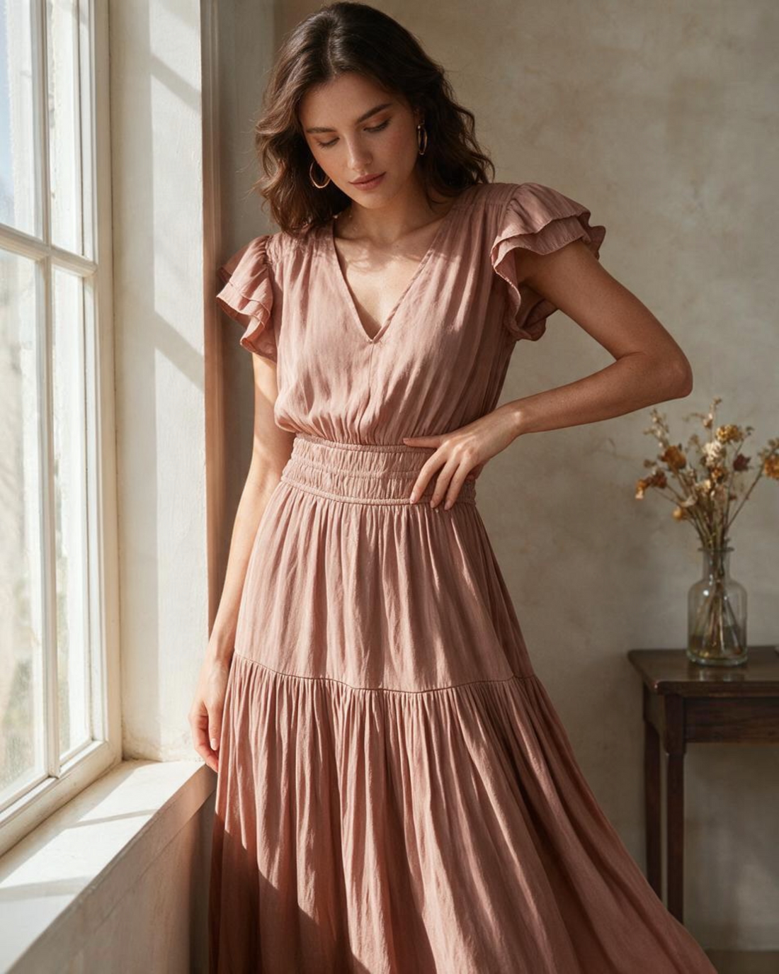 Vestido Midi con Manga Corta Color Beige