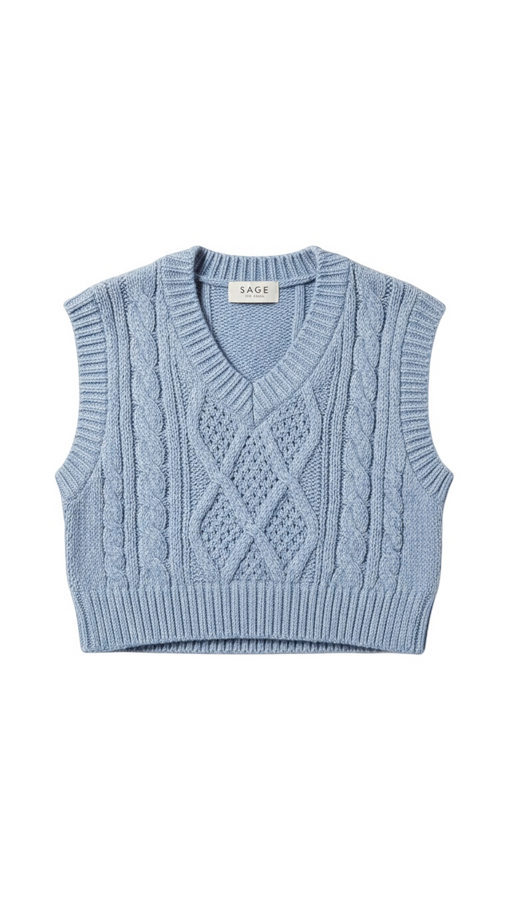 Top Corto de Punto Trenzado con Escote en V - Azul Cielo