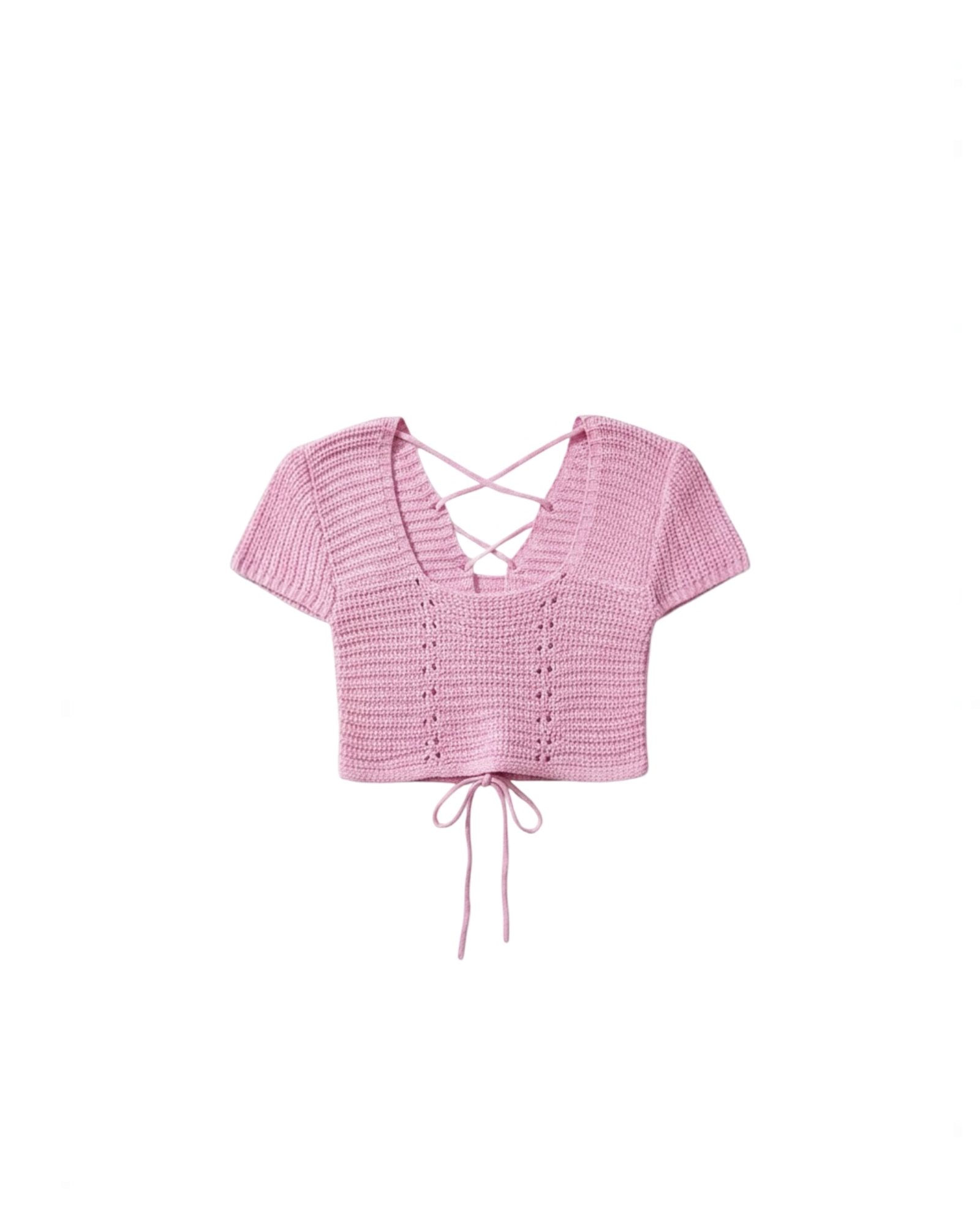 Top corto Yanet Collective de crochet rosa con escote en V, mangas cortas y detalle de cordones cruzados en la espalda