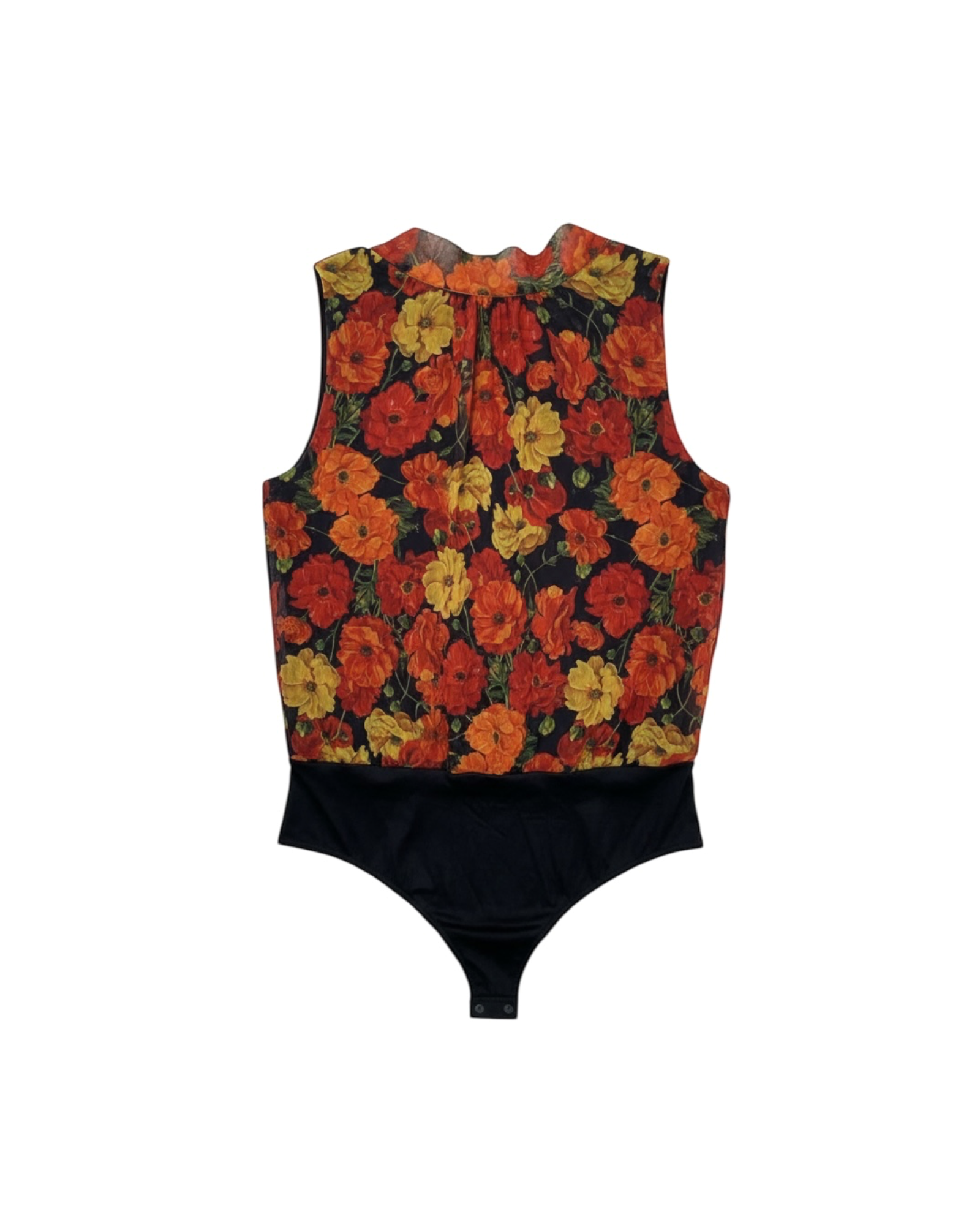 Body Yanet Collective sin mangas con estampado floral en tonos rojos y naranjas sobre base negra ajustada