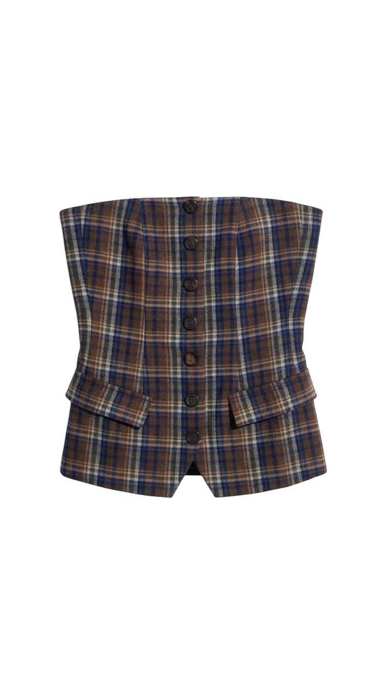 Brown Checkered High-Waist Skirt with Pockets