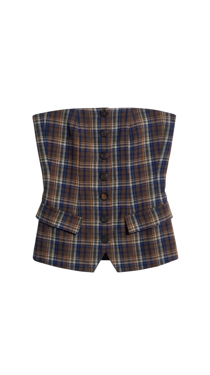 Brown Checkered High-Waist Skirt with Pockets