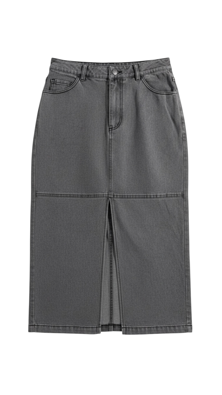 Black Denim Midi Skirt with Front Slit