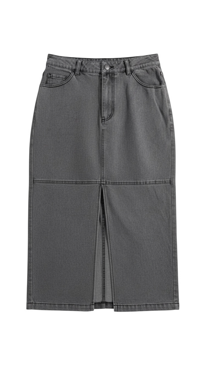 Black Denim Midi Skirt with Front Slit