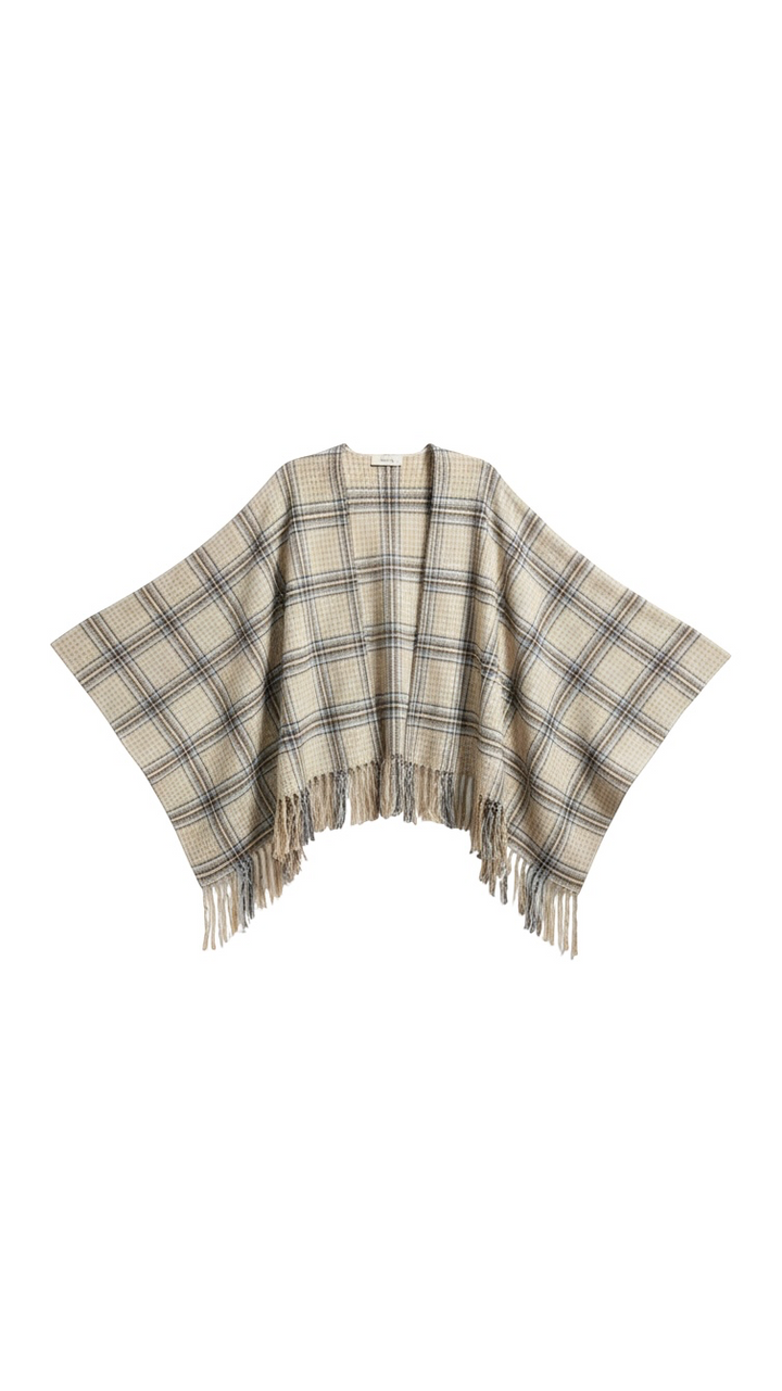 Beige Checkered Open Front Poncho with Fringes