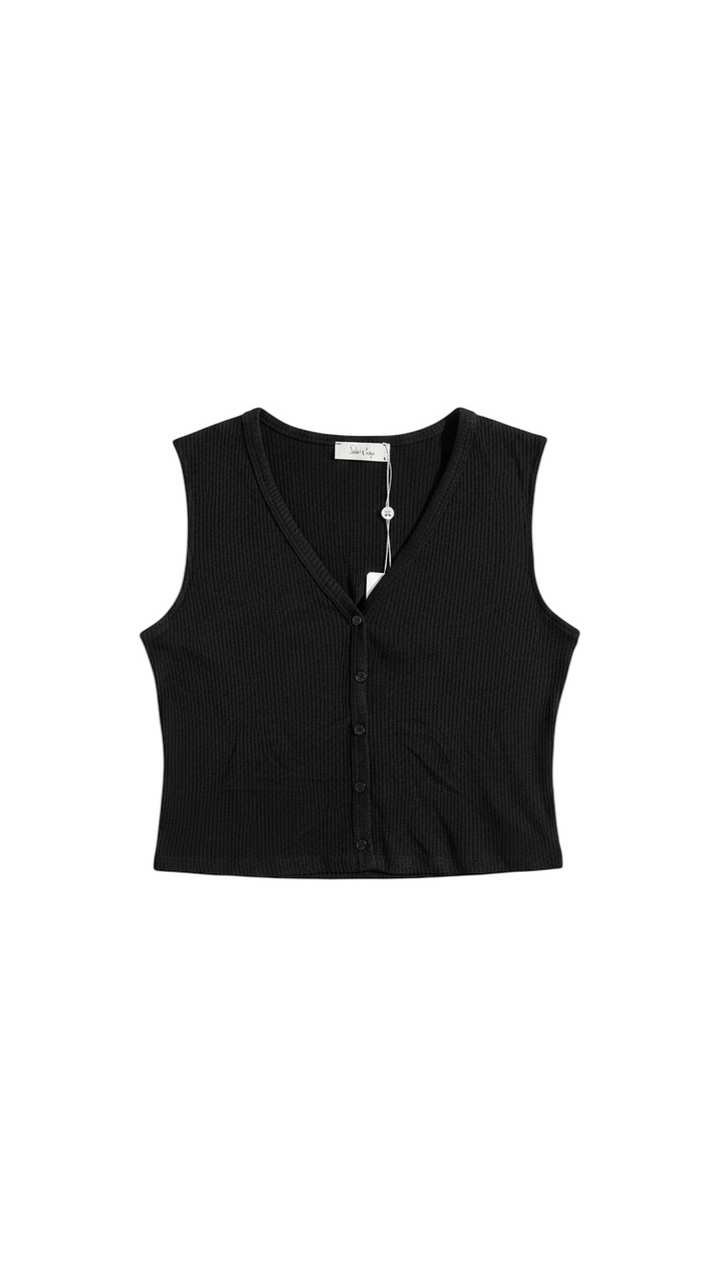 Top Sin Mangas Negro con Botones y Textura Acanalada - Estilo Boutique