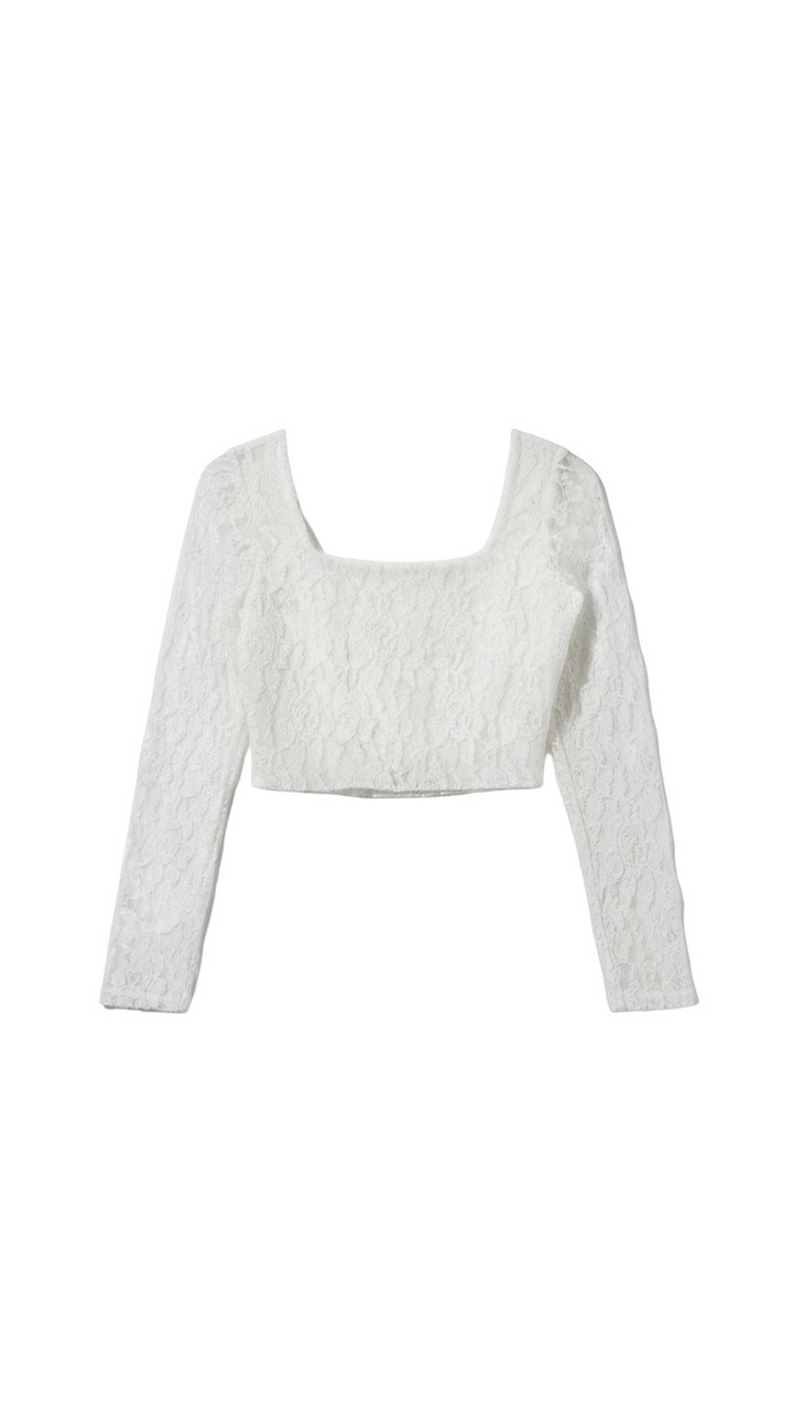 Cream Long Sleeve Lace Crop Top