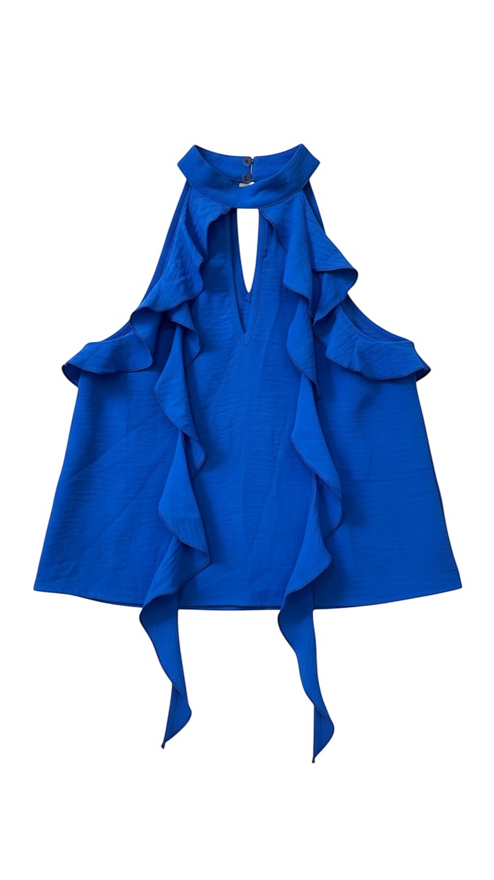 Top Halter Azul con Volantes y Detalle de Abertura - Estilo Boutique