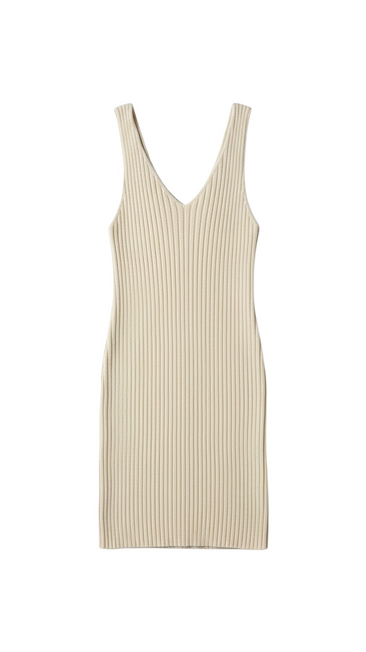 Cream Sleeveless V-Neck Knit Dress with Ribbed Texture