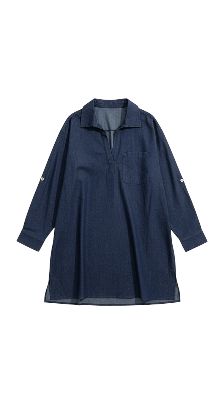 Navy Long Sleeve Collared Tunic with Pocket