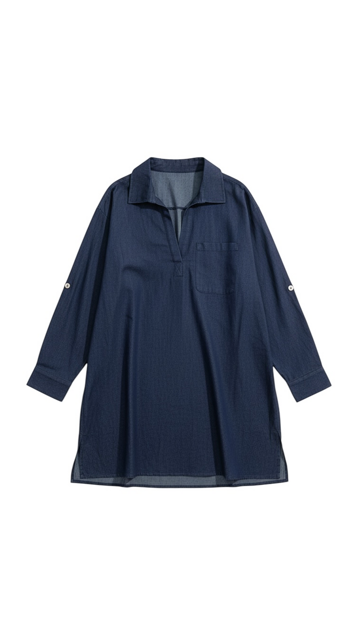 Navy Long Sleeve Collared Tunic with Pocket