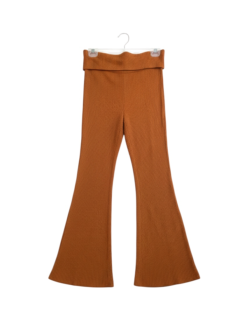 Rust Ribbed Flared Trousers with Split Hem