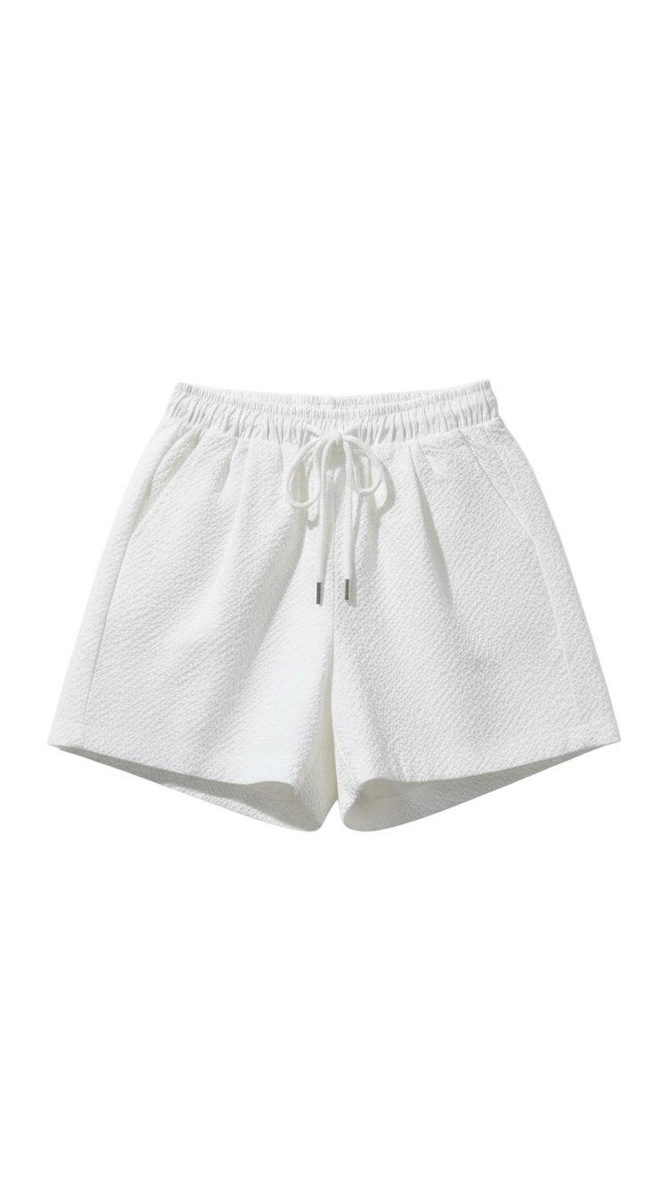 Cream Elastic Waist Pleated Shorts with Drawstring
