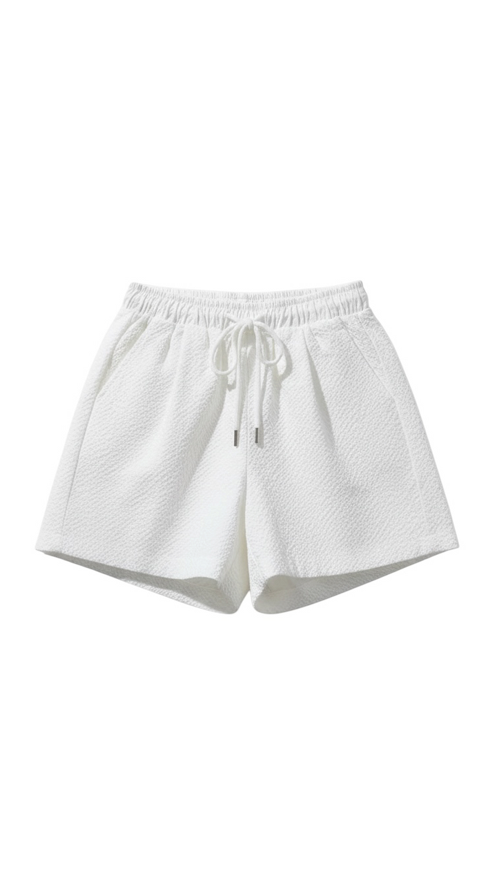 Cream Elastic Waist Pleated Shorts with Drawstring