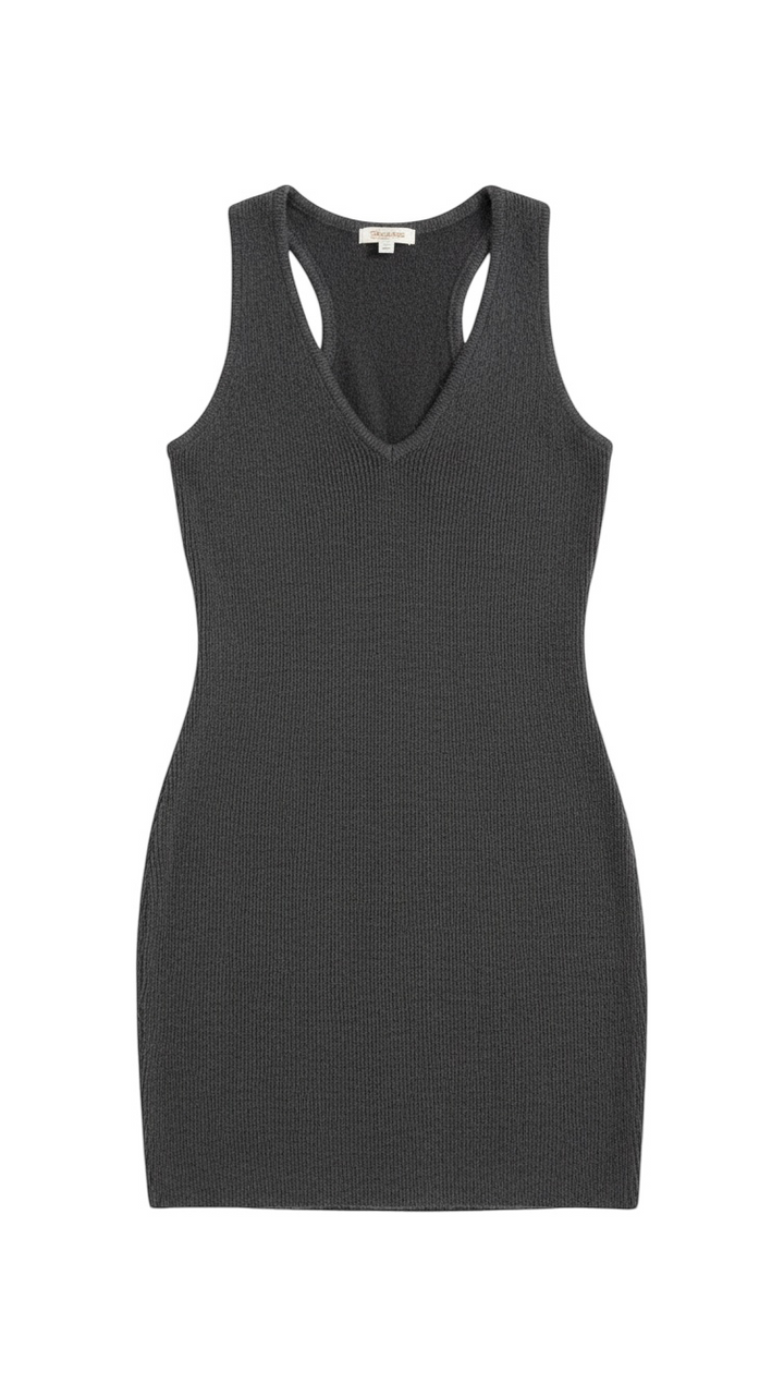 Charcoal Sleeveless V-Neck Knit Dress with Texture