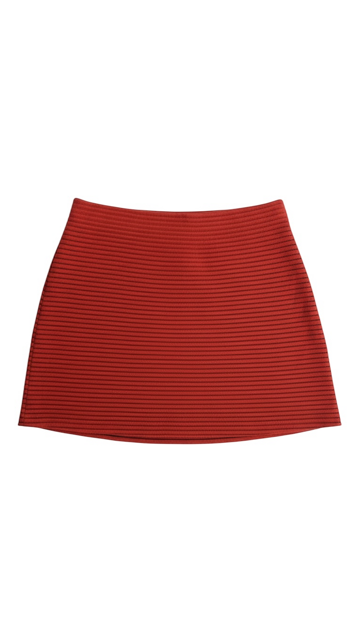 Red Textured Mini Skirt with Ribbed Detail