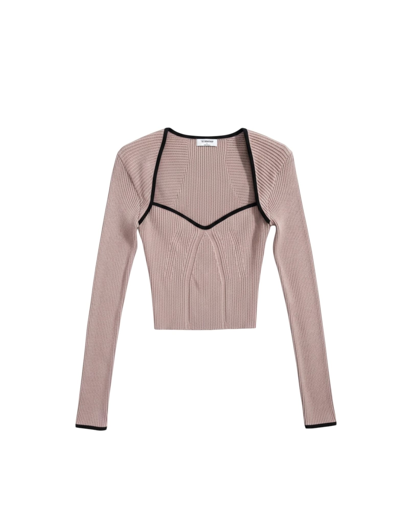 Crop top Yanet Collective de canalé beige con mangas largas, escote en V y detalles de ribete negro en contraste.