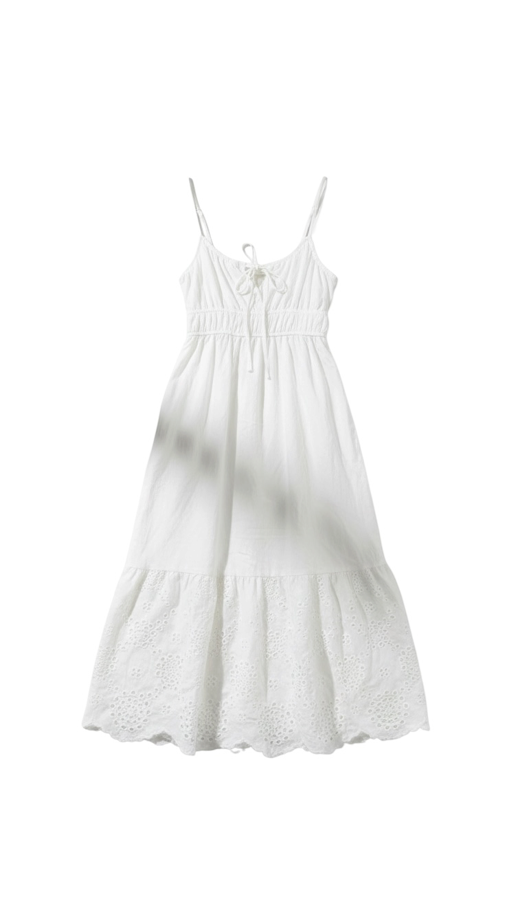 White Sleeveless Tiered Dress with Eyelet Hem