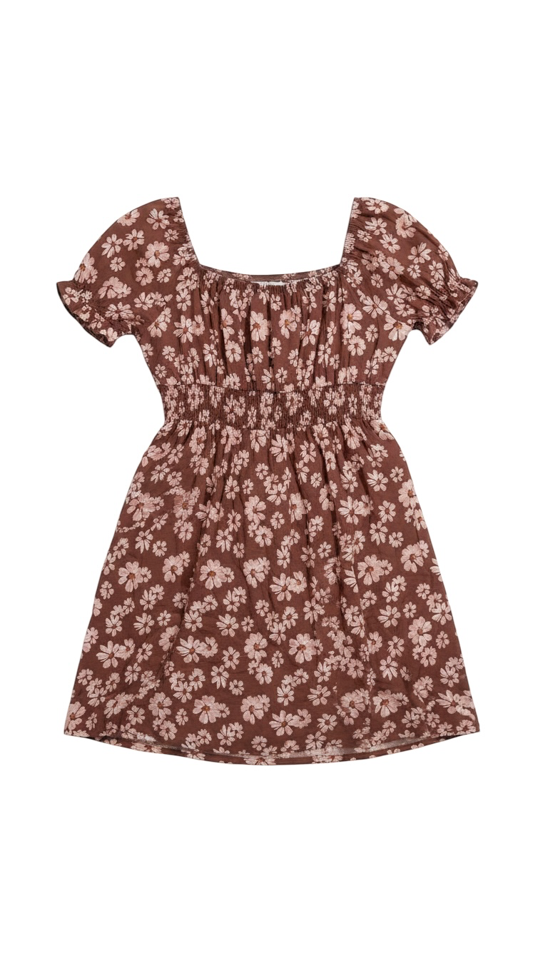 Brown Floral Short Sleeve Dress with Smocked Waist
