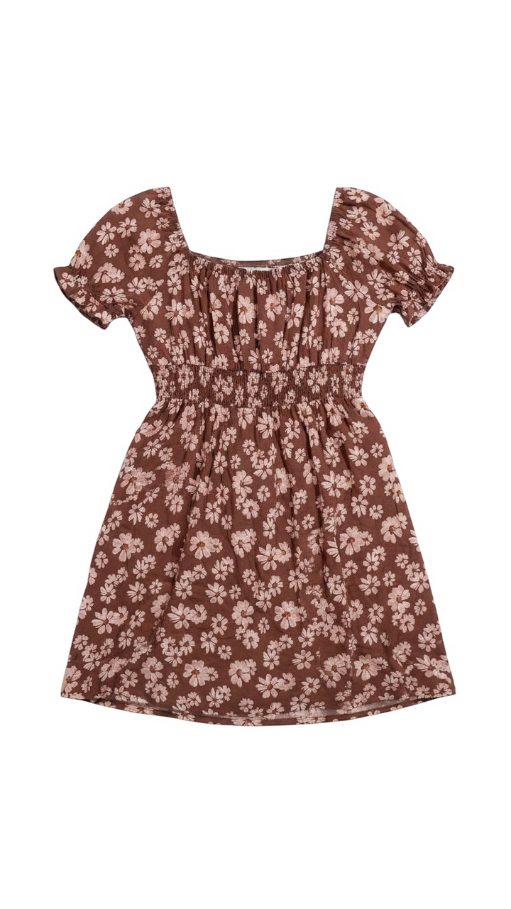 Brown Floral Short Sleeve Dress with Smocked Waist