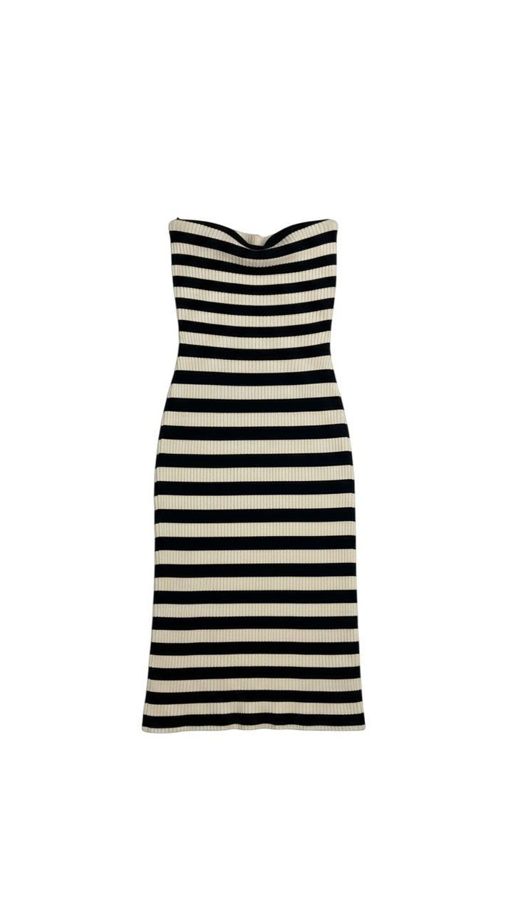 Black and Cream Strapless Bodycon Dress with Stripes