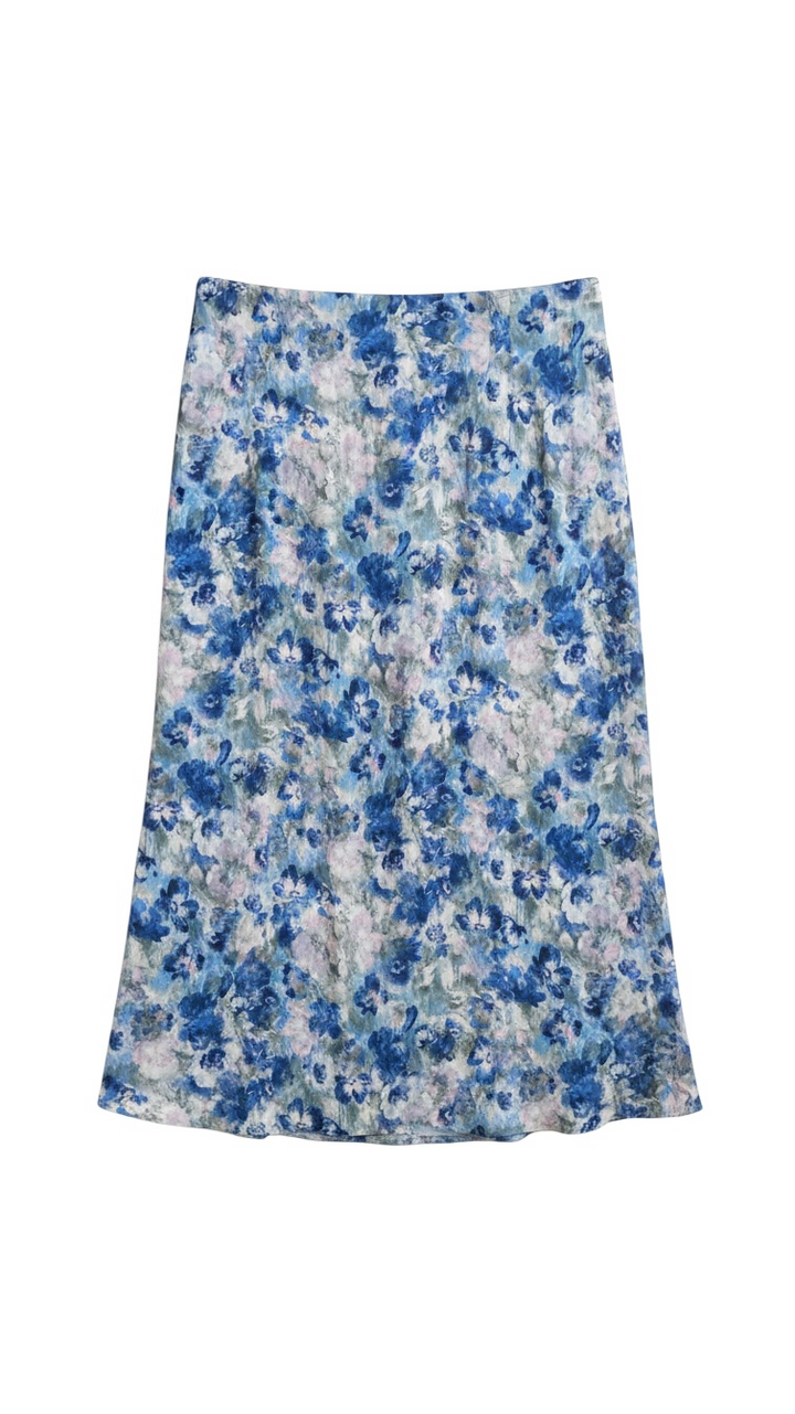 Blue Floral Midi Skirt with Flowing Design