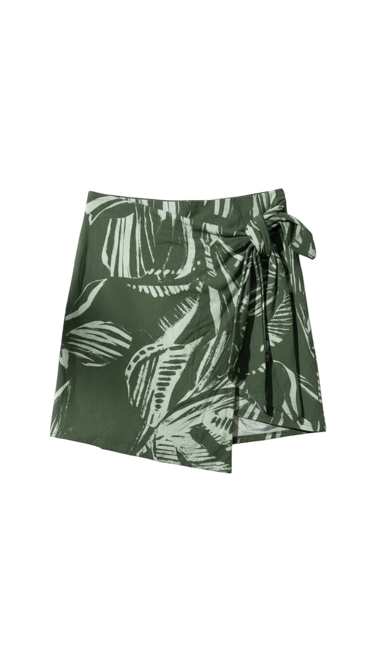 Green Wrap Skirt with Leaf Print Detail