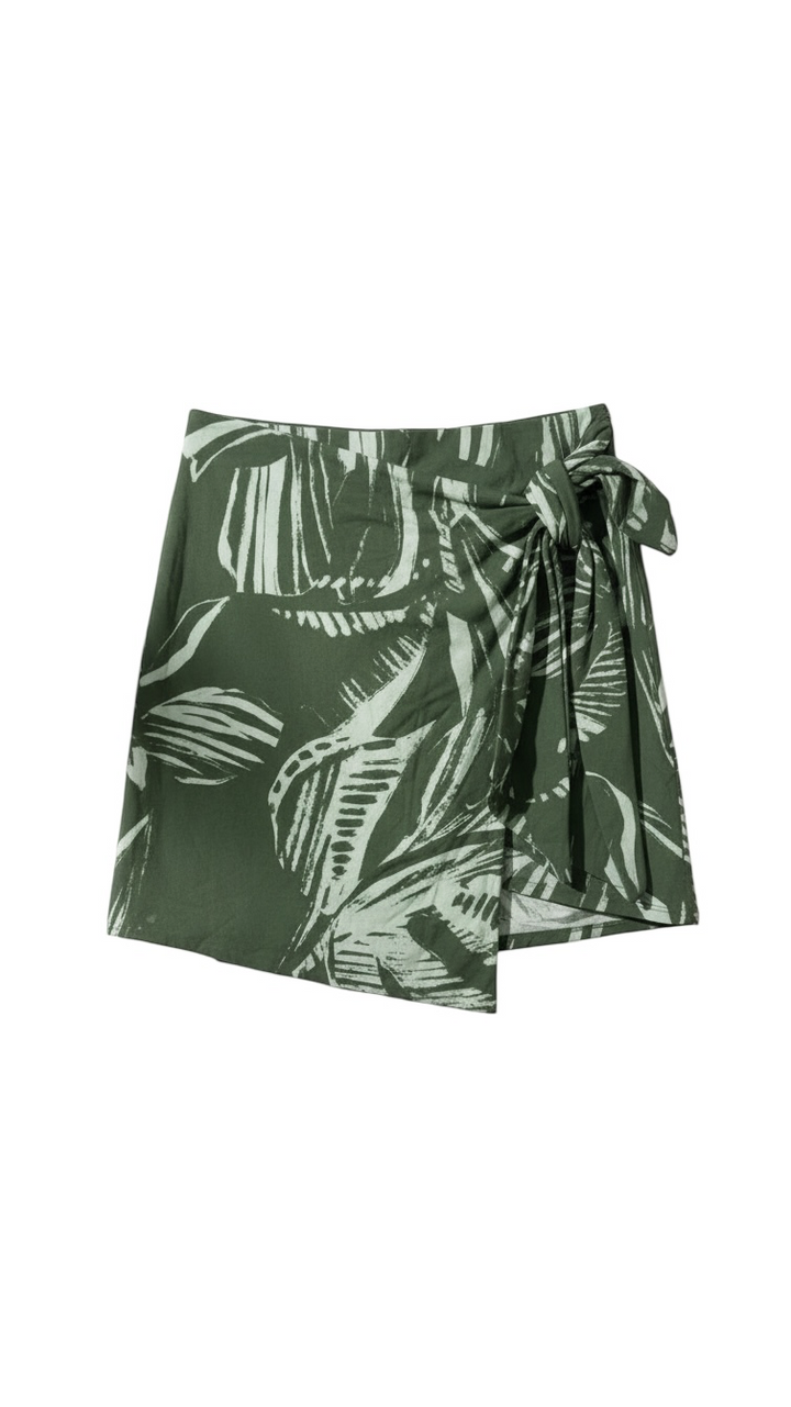 Green Wrap Skirt with Leaf Print Detail